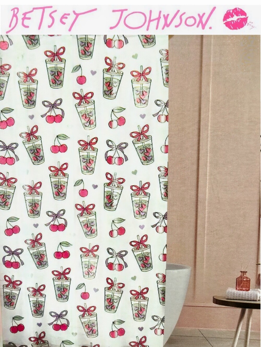 Betsey Johnson Matcha & Cherry Print PEVA Shower Curtain Liner